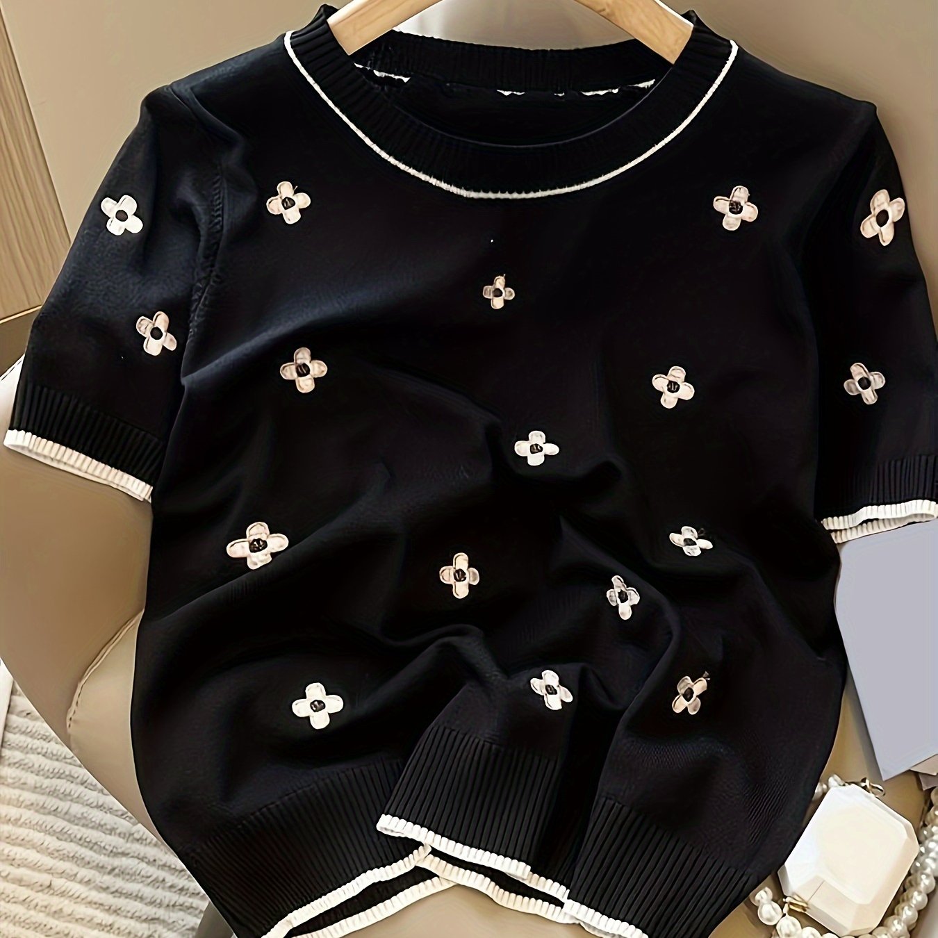 TEMU Floral Embroidered Crew Neck Pullover Sweater, Casual Short Sleeve Knitted Sweater For , Women's Clothing