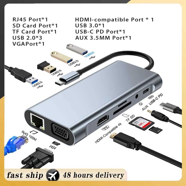 USB C hub Type C splitter to 4K Thunderbolt 3 docking station laptop adapter with PD SD TF RJ45 suitable for Macbook Air M1 iPad Pro CL24090