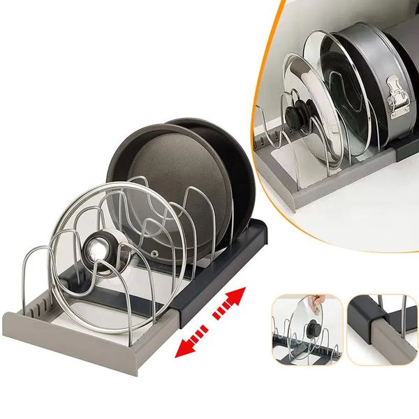 Expandable Pot and Pan Organizers Rack Holder Kitchen Cabinet Pantry Bakeware Organizer Rack with 6 Adjustable Compartments 250118