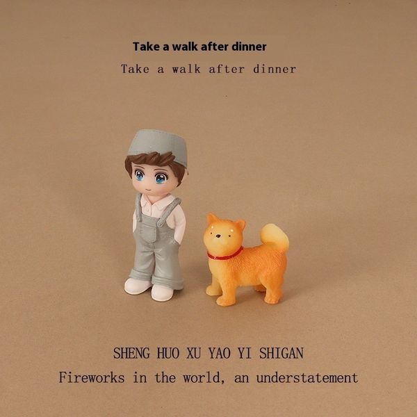 Creative Micro Landscape Walking Scene Mini Boy Cute Dog Food Resin Crafts Desktop Decoration OB11
