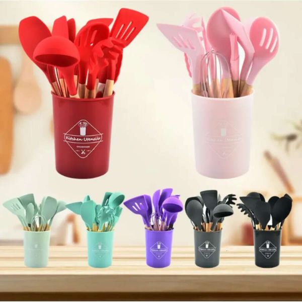 Silicone Kitchen Utensil Set 12 Pieces-Lot Cooking With Wooden Handles Holder For Nonstick Cookware Spoon Soup Ladle Slotted Whisk Tongs Bru