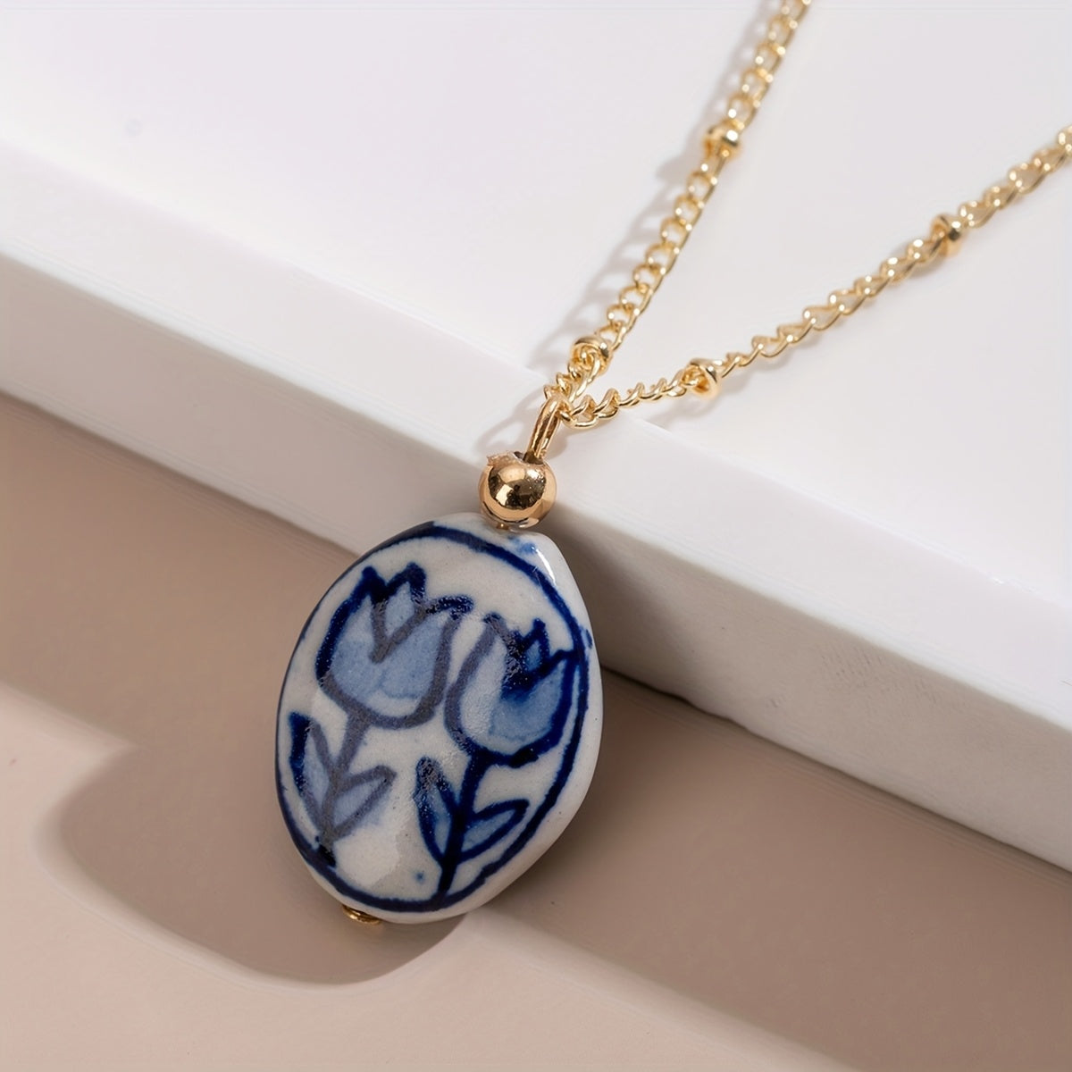 TEMU 1pc Vintage Hand-painted Tulip Ceramic Pendant Necklace With Golden-tone Chain - Elegant Women's Jewelry For Casual Attire & Gift , Goldtoned