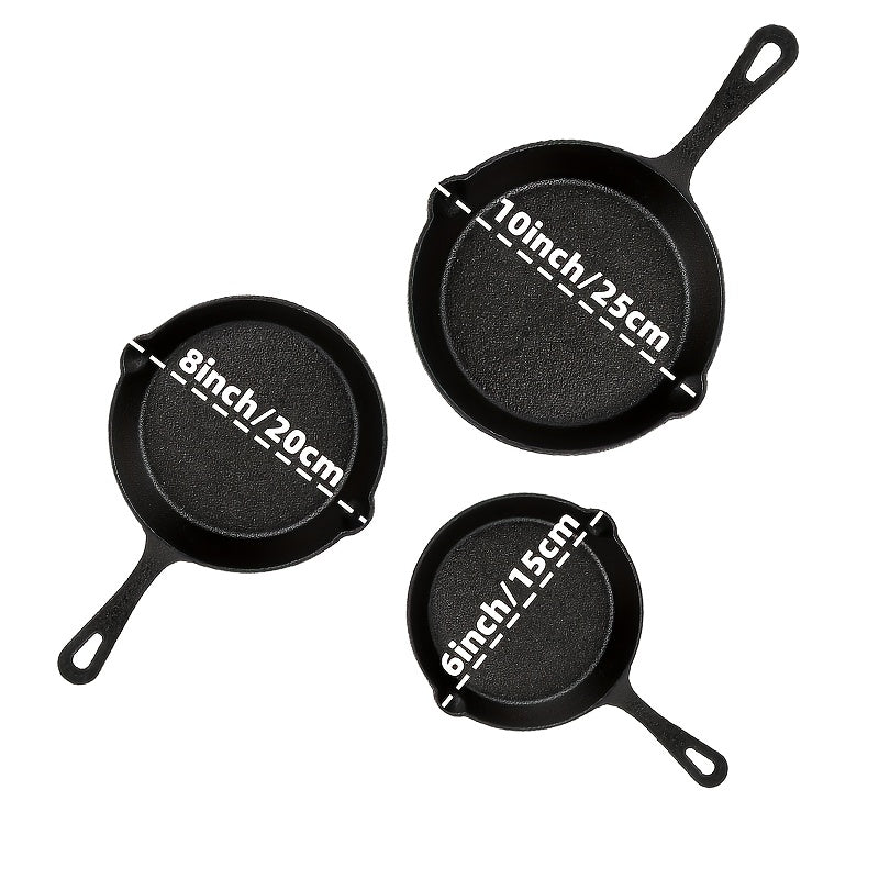 TEMU Cast Iron 3pcs Set - Heavy-duty Professional Restaurant Pre- Pan Cookware Set - 10", 8", 6" Pans - For Frying, , Cooking, , Black