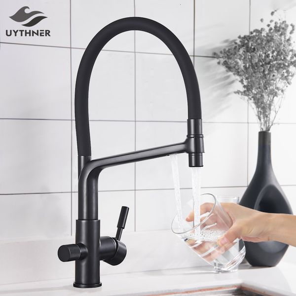 Kitchen Faucets Water Filter Faucet Brass Drinking Filtered Crane Dual Spout Mixer 360 Degree Rotation Purification Feature Taps 230411