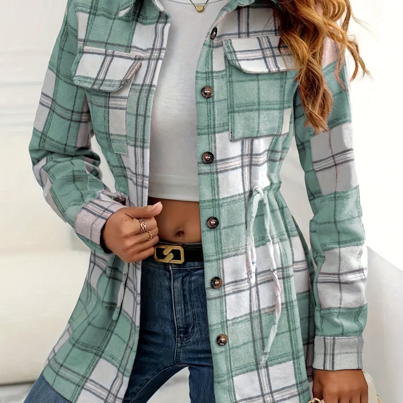 TEMU Women's Casual Flannel Shirt - Long Sleeve, Drawstring Waist, Button-up With Front Pockets, Spring & Fall, Casual Attire| Pattern|long Sleeve
