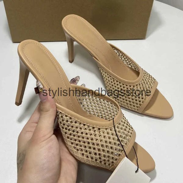 Dress Shoes Elegant Pointed 2024 High Heels Womens Mule Breathable Mesh Peeping Toes Luxury Rhinestone Plus Size Summer Sandals H241129