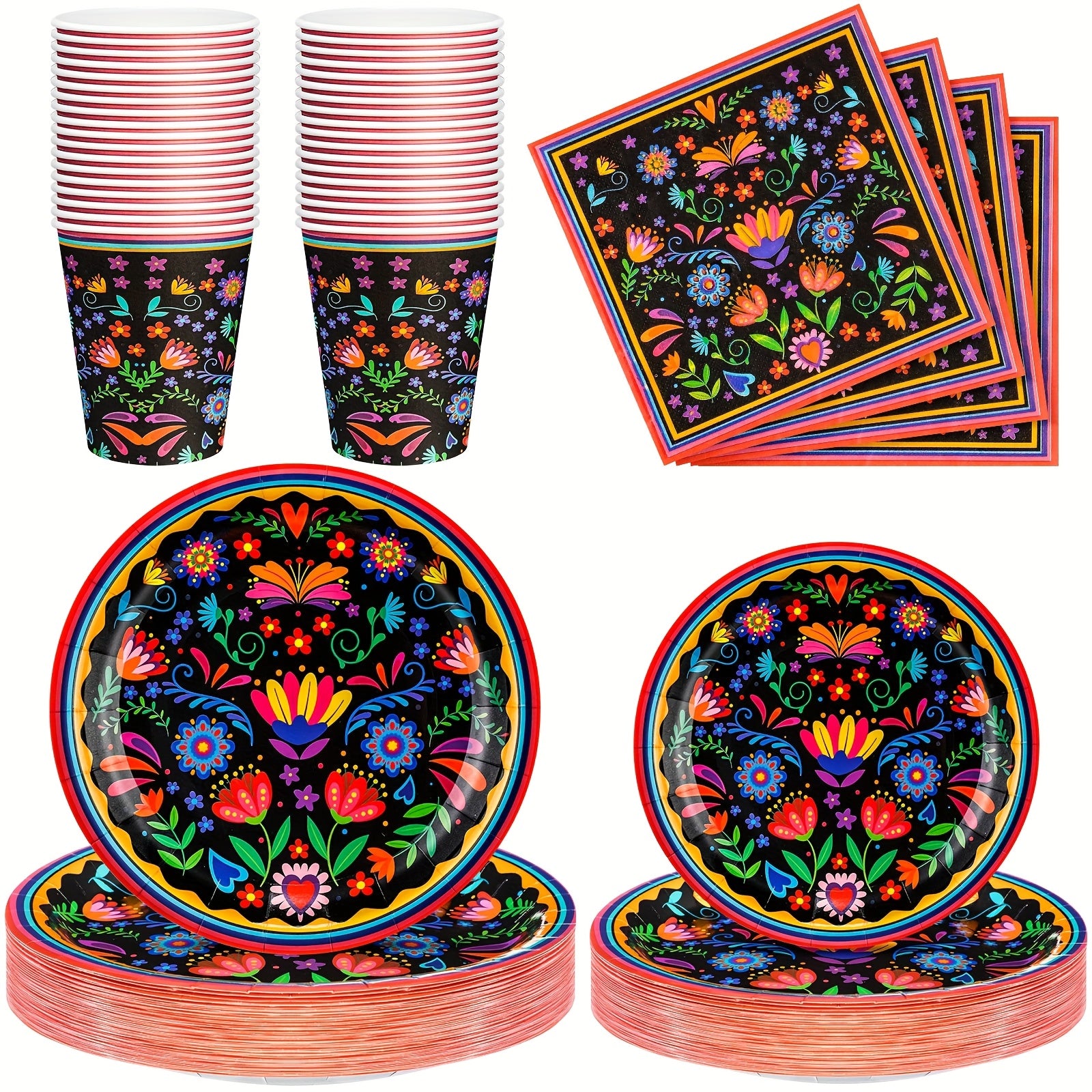 TEMU 200pcs Mexican Party Decoration Supplies Fiesta Tableware Set, Includes Mandala Flower Mexican Paper Plates And Napkins De Paper Cups For Taco
