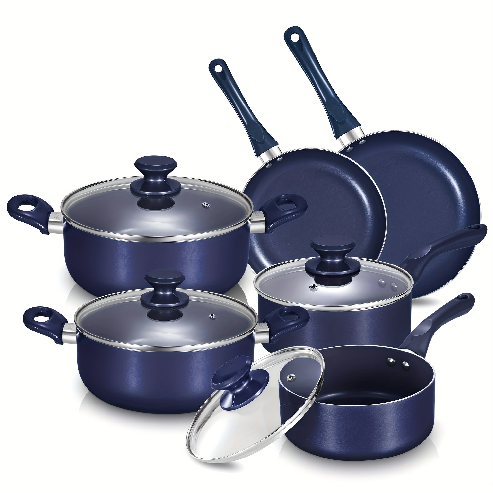 TEMU | Nonstick Ceramic Cookware Set 10pcs, Pots And Pans Set, Non-toxic Kitchen Cooking Set With Stay-cool Handles, And Free, Diamond Blue