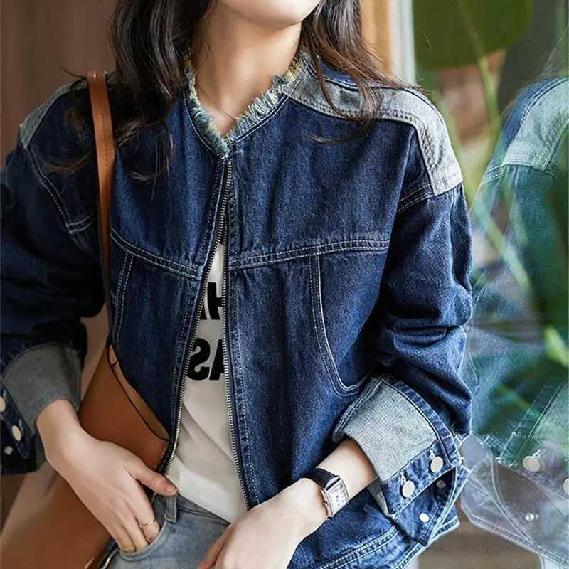 Female Clothing Solid Color Denim Coat Korean Spring Autumn Casual Stand Collar Zipper Fashion Pockets Tassel Spliced JacketsX240920