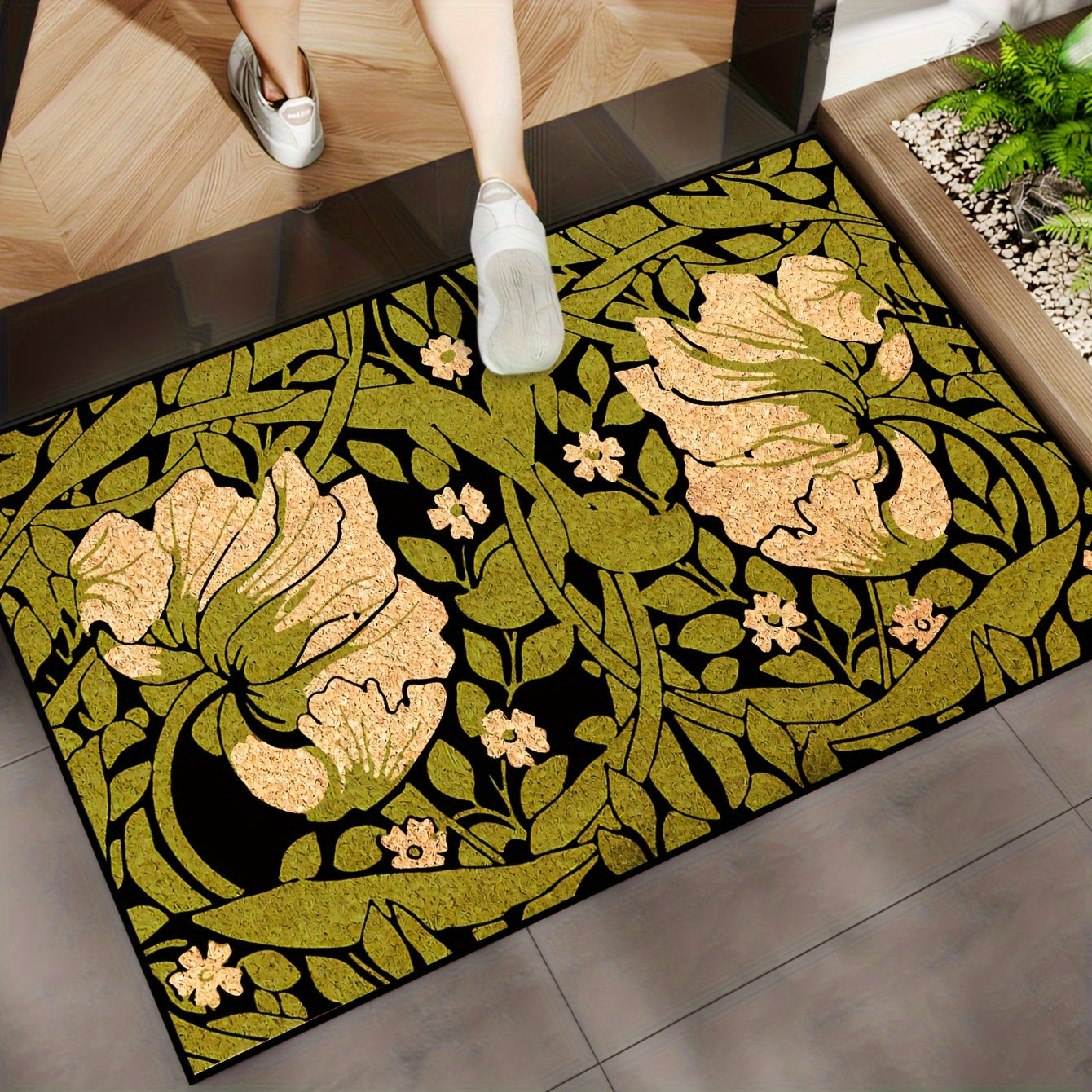 TEMU 1pc Vintage Country Style Non-slip Doormat - Floral & Green Leaves Pattern, Rubber-backed Machine Washable Floor Mat For Kitchen, Bathroom,