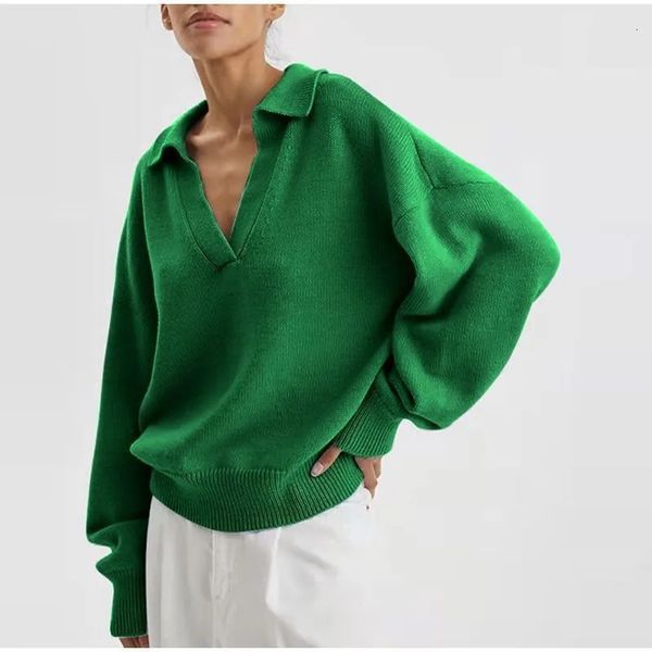 2024 Autumn Winter Fallow Womens Sweater Solid Color Polo Collar Longsleeved Loose Knitting Pullover Fashion Simple Style 250109