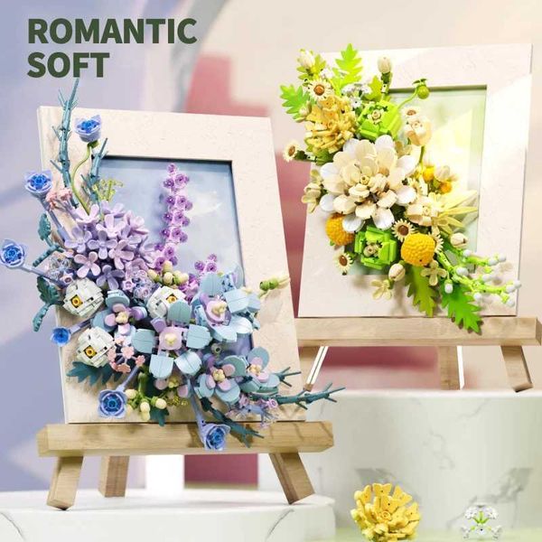 Blocks Bouquet Photo Frame Building Blocks Wooden Easel Flower Model Bricks Creative Desktop Decorations Kids Toys Adult Romantic Gifts R240