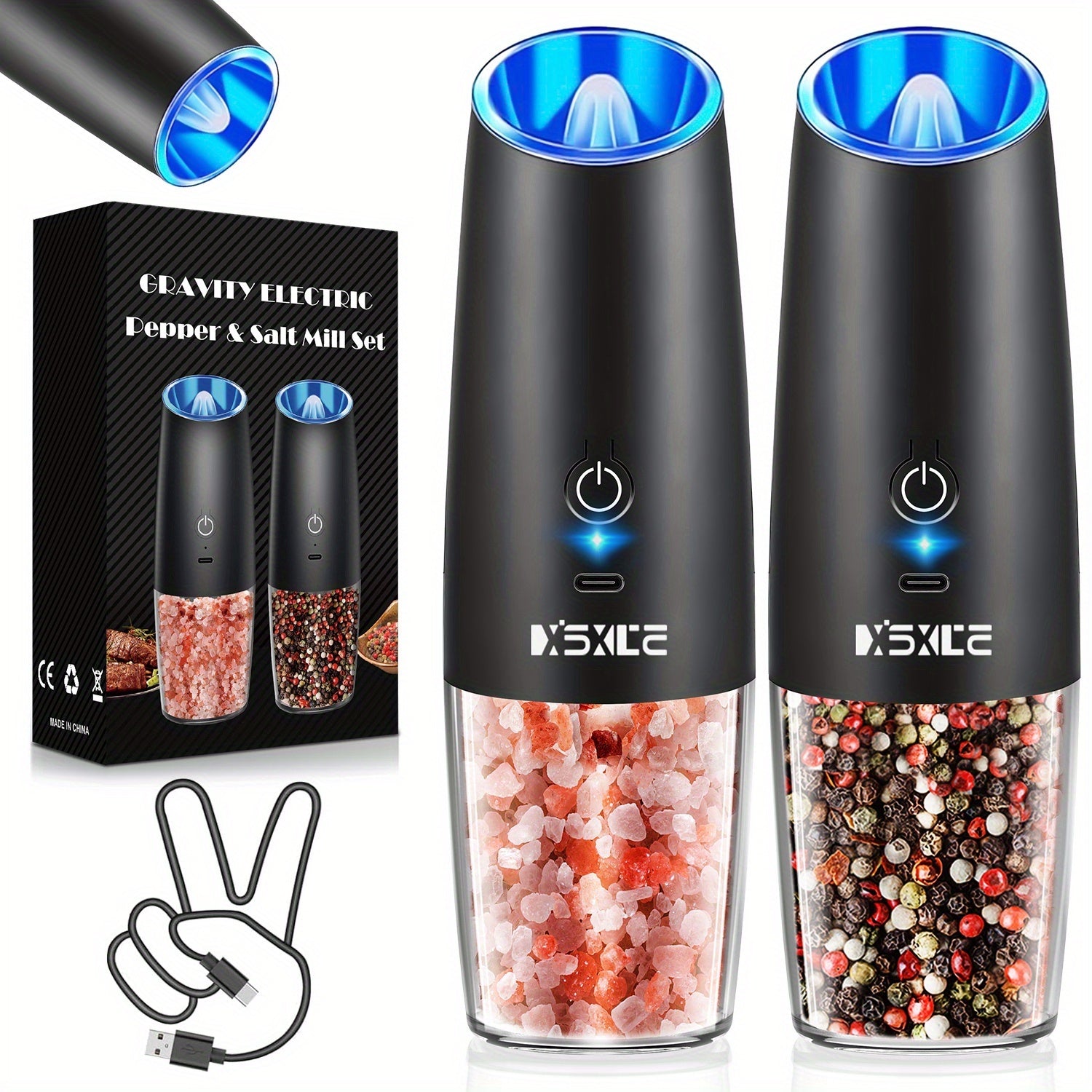 TEMU 2pcs Rechargeable Electric Pepper And Salt Grinder Set, No Battery Needed, With Gravity Sensing Switch And Led Light, 1 Hand Automatic Operation