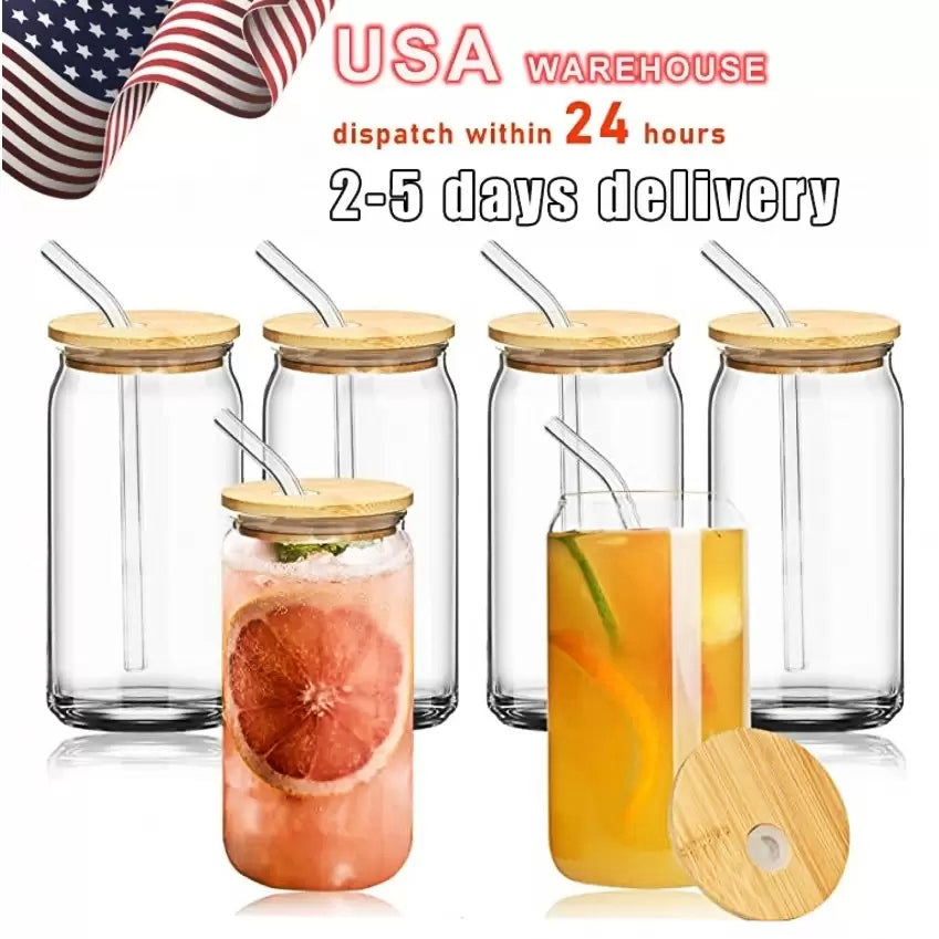 US stock 16oz Sublimation Glass Beer Mugs with Bamboo Lid Straw DIY Blanks Frosted Clear Can Shaped Tumblers Cups Heat Transfer Cocktail Iced Coffee