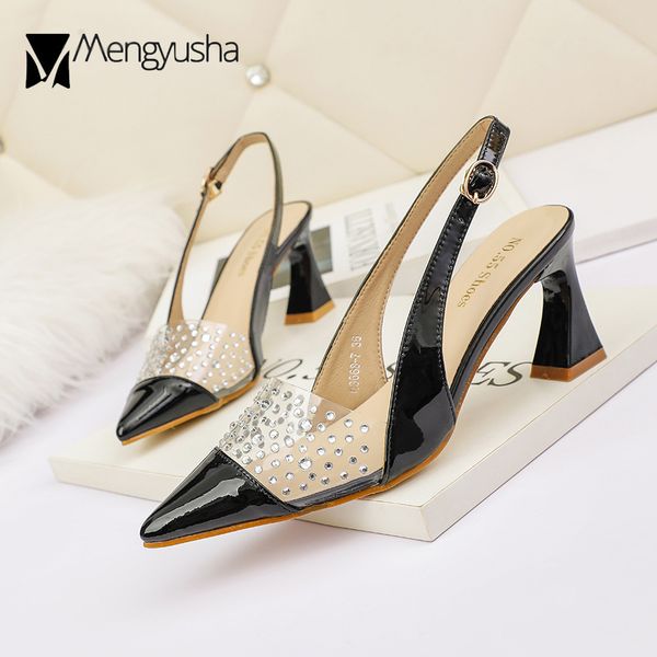 d17e1 Leather pointed Patent toe crystal pumps woman sandalias patchwork clear talons buckle strap strange high heels shoes women 2023