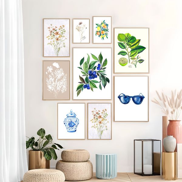 3 pieces Wooden Framed Canvas Poster chinese style plates and ginger jars, hampton style blue and white porcelain, chinese style art