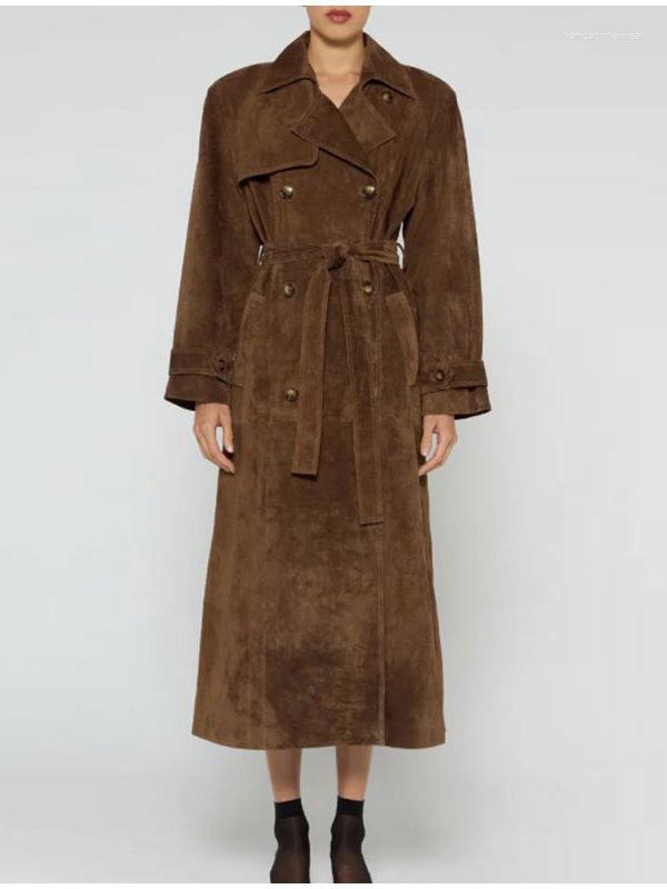 Women&#039;s Trench Coats Brown Suede Leather Women Long Coat With Belt Vintage Lapel Double Breasted Lady Overcoat Autumn High Street Outerwears