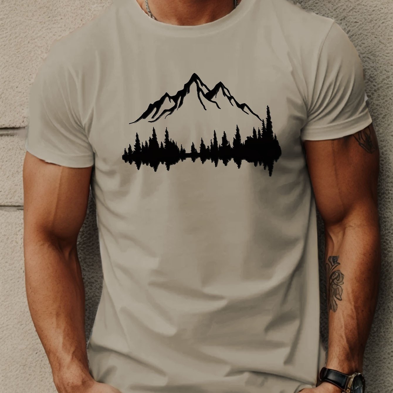 TEMU Mountains And Trees Print T Shirt, Tees For Men, Casual Short Sleeve T-shirt For Summer