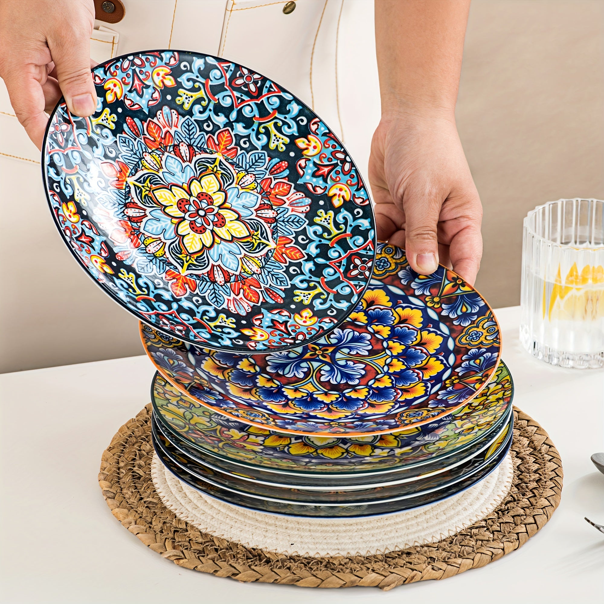 TEMU Salad Plates Set Of 8.5 Inch Ceramic Dessert Plate, Small Dinner Plate Set, Microwave, Oven And Dishwasher Safe, Colorful Bohemian Style Dishes