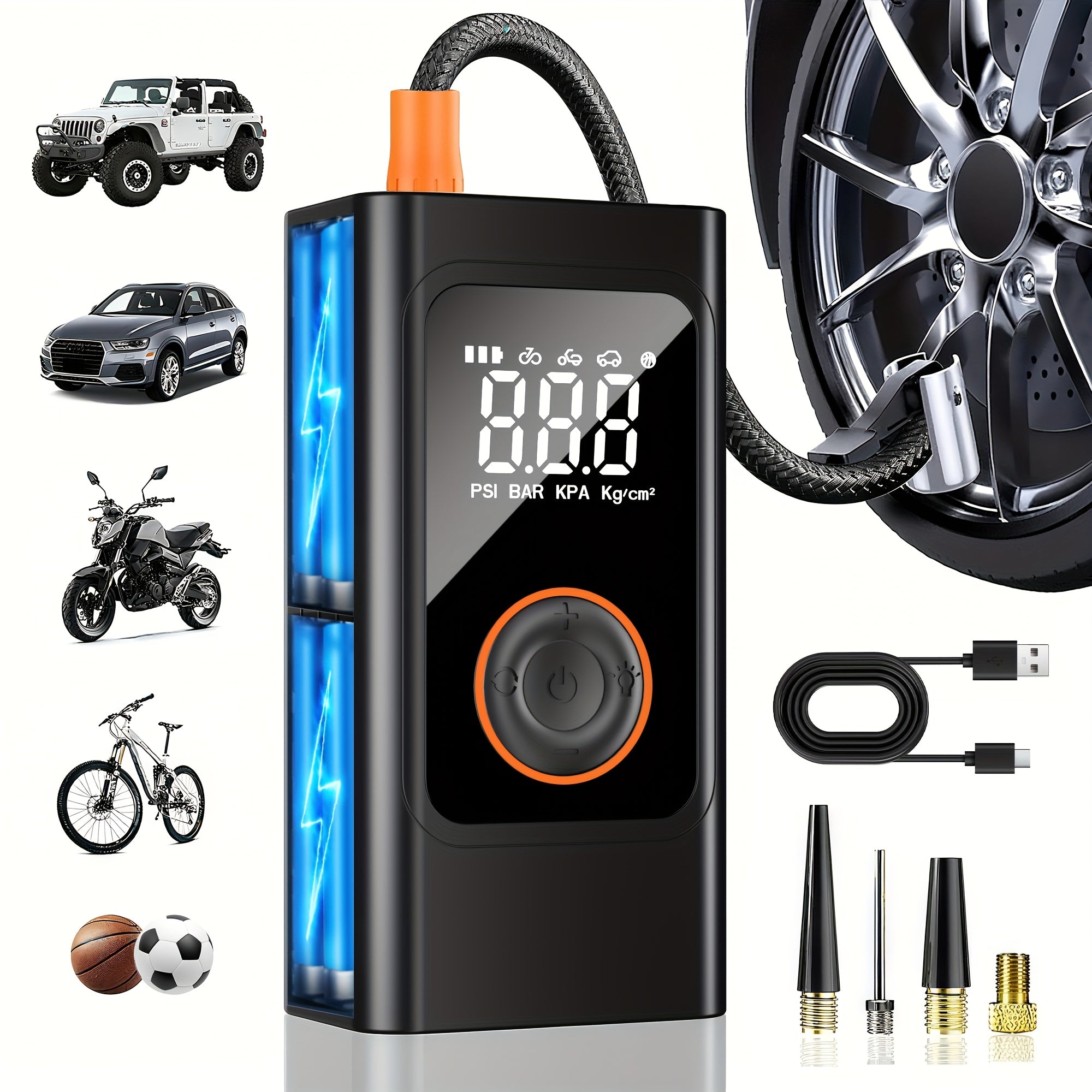 TEMU Portable Tire Inflator - 150psi Air Compressor With Pressure , Usb-c Fast Charge & Led Light, For Car, Moto, Bike, Ball, Air Pump Ideal For Car,