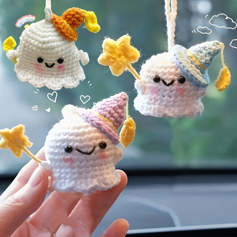TEMU 3pcs Hand-crocheted Halloween Charms - Cute Hat In White, Pink, Pastel - With Hooks For Keychains, Bags, Home Decor - Durable Polyester Yarn -
