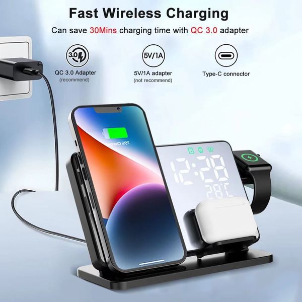 2023New 4 in 1 Wireless Charger For iPhone 14 13 12 Pro Apple Watch S8 7 15W Fast Charging Dock Station Desktop LED Digital Alarm Clock Mjew