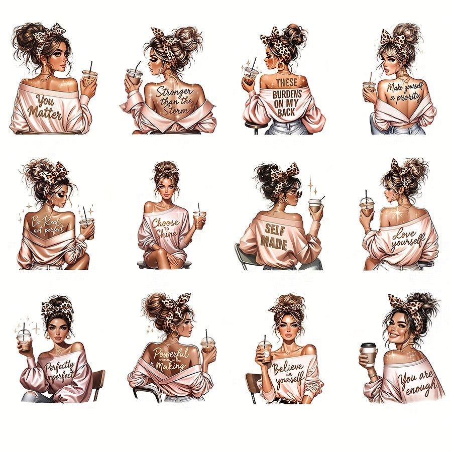 TEMU 12pcs Fashion Boss Woman Yourself Motivational Quotes Diy Uv Dtf Transfer Stickers Tumbler Glass Jars And Coffee Mugs Cup Wraps Decoration,