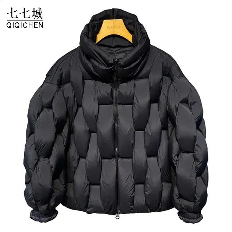 Mens Thick Parkas Jackets Women Square Weave High Collar Warm Jacket Casual Oversized Warm Puffer Bubble Coat 240911