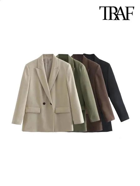 TRAF Women Fashion Double Breasted Loose Fitting Blazer Coat Vintage Long Sleeve Pockets Female Outerwear Chic Veste Femme 240801