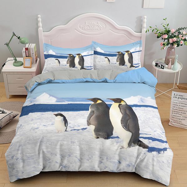 Penguin King Queen Duvet Cover Lovely Black White Antarctic Animals Bedding Set for Kids Wildlife 2-3pcs Polyester Quilt Cover