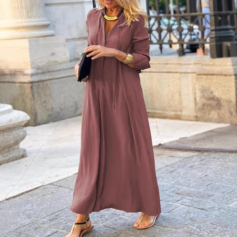 (525) New Style Big Swing Skirt Solid Color Lapel Long Sleeve Simple Casual Long Shirt Dress