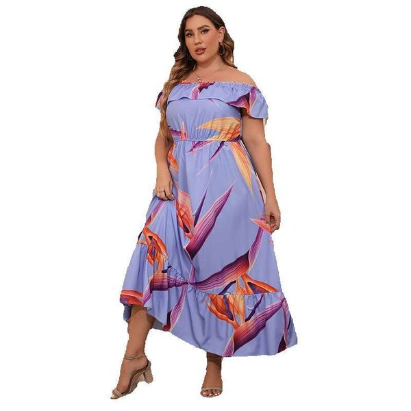 Shopee Hot Selling One Shoulder Printed Waist Wrapped Short Sleeved for Women with Ruffled Edge Fashion and Casual Big Swing Long Dress Roun