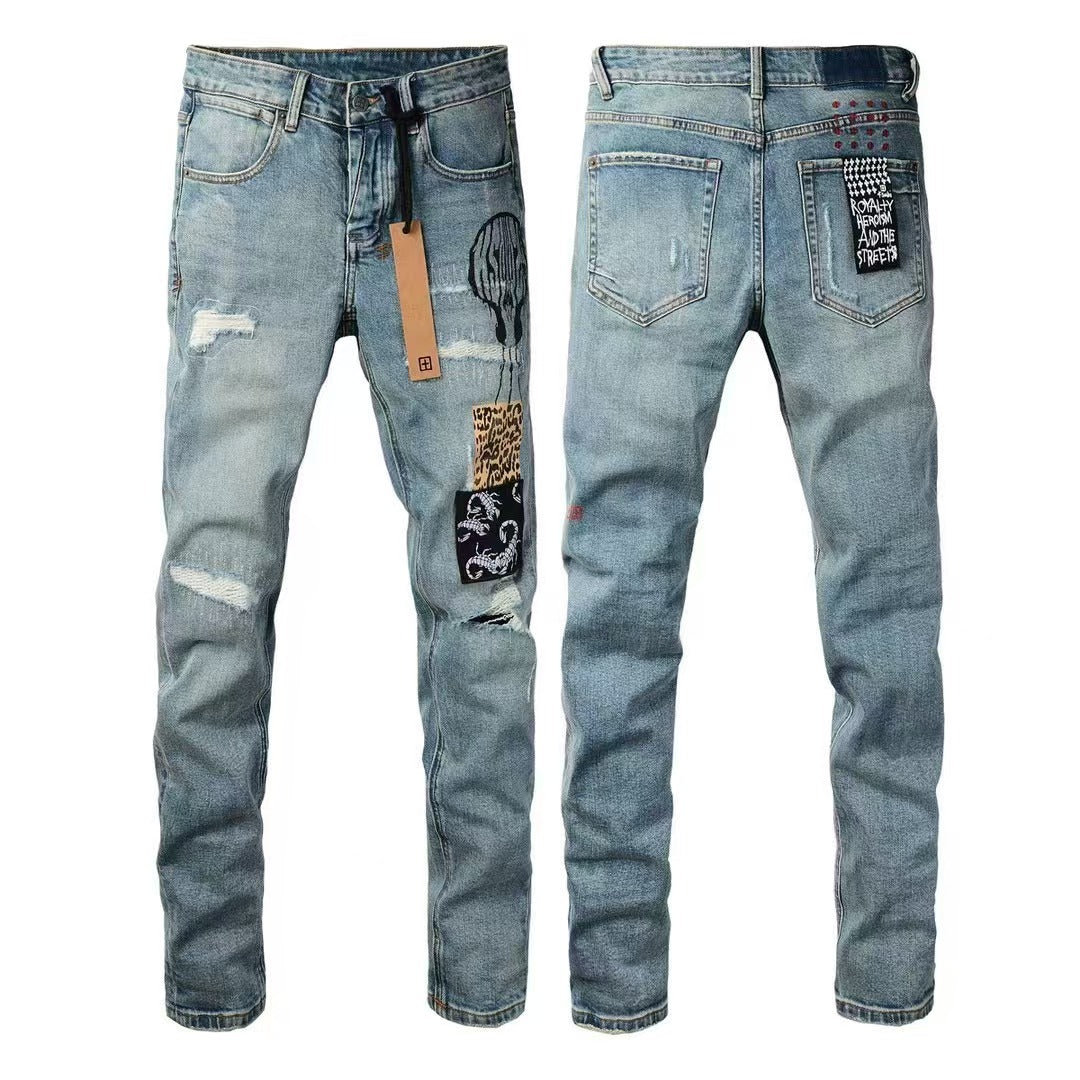 designer ksubi jeans high waist jnco jeans Ripped High Street y2k Jeans Retro Paint Spot Patch Hole Denim Streetwear silm Feet Micro Elastic pants