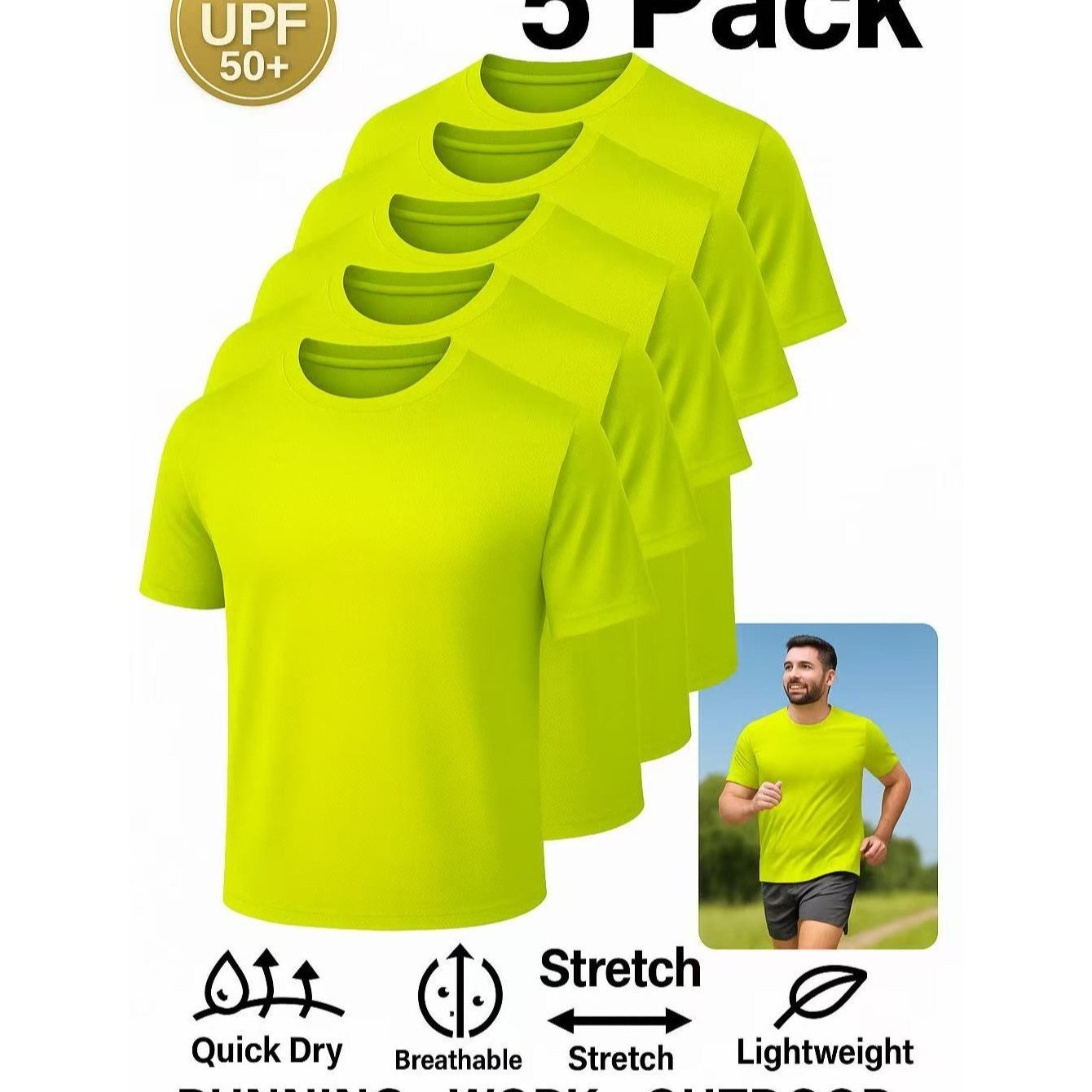 TEMU 5-pack Men’s Upf50 T-shirts – Quick Dry, Stretchy, Outdoor Activewear