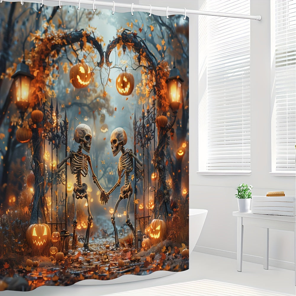 TEMU Spooky Skeleton Valentine's Day Shower Curtain - Gothic Design With Jack-o'-lanterns, High Quality Polyester Fabric, Includes Hooks, 70.8x70.8