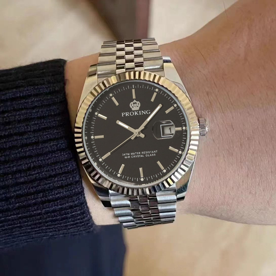 1 men&#039;s watch, 40mm, retro simple business fashion mercury silver calendar watch stainless steel case quartz black watch, suitable for daily ma