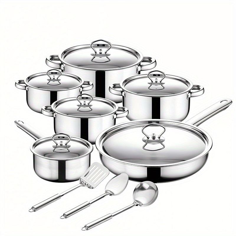 TEMU 15pcs Classic Cookware Set Stainless Steel Pots And Pans Set For Cooking, Frying Pan And Covered Pot, Cookware Set Kitchen Cooking Set With