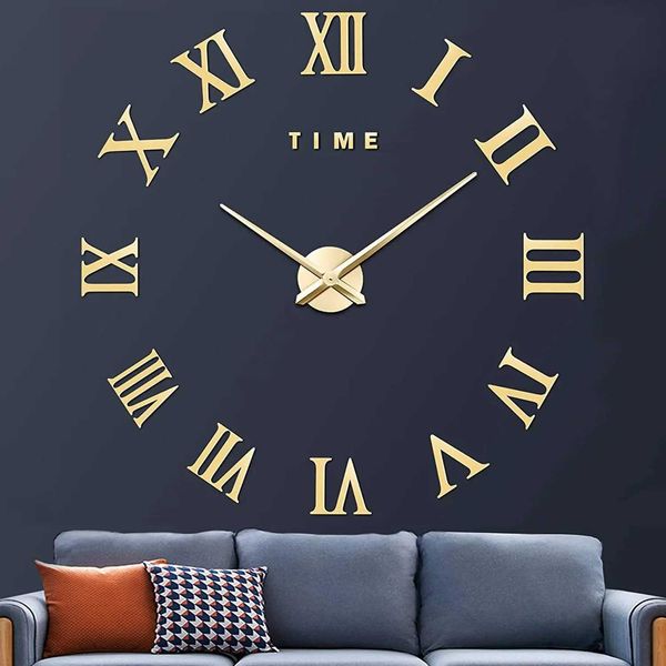 Golden Giant Roman Digital Frameless Mirror Large Wall Clock Large 3D DIY Wall Clock Wallpaper Decoration Home Living Room W240806