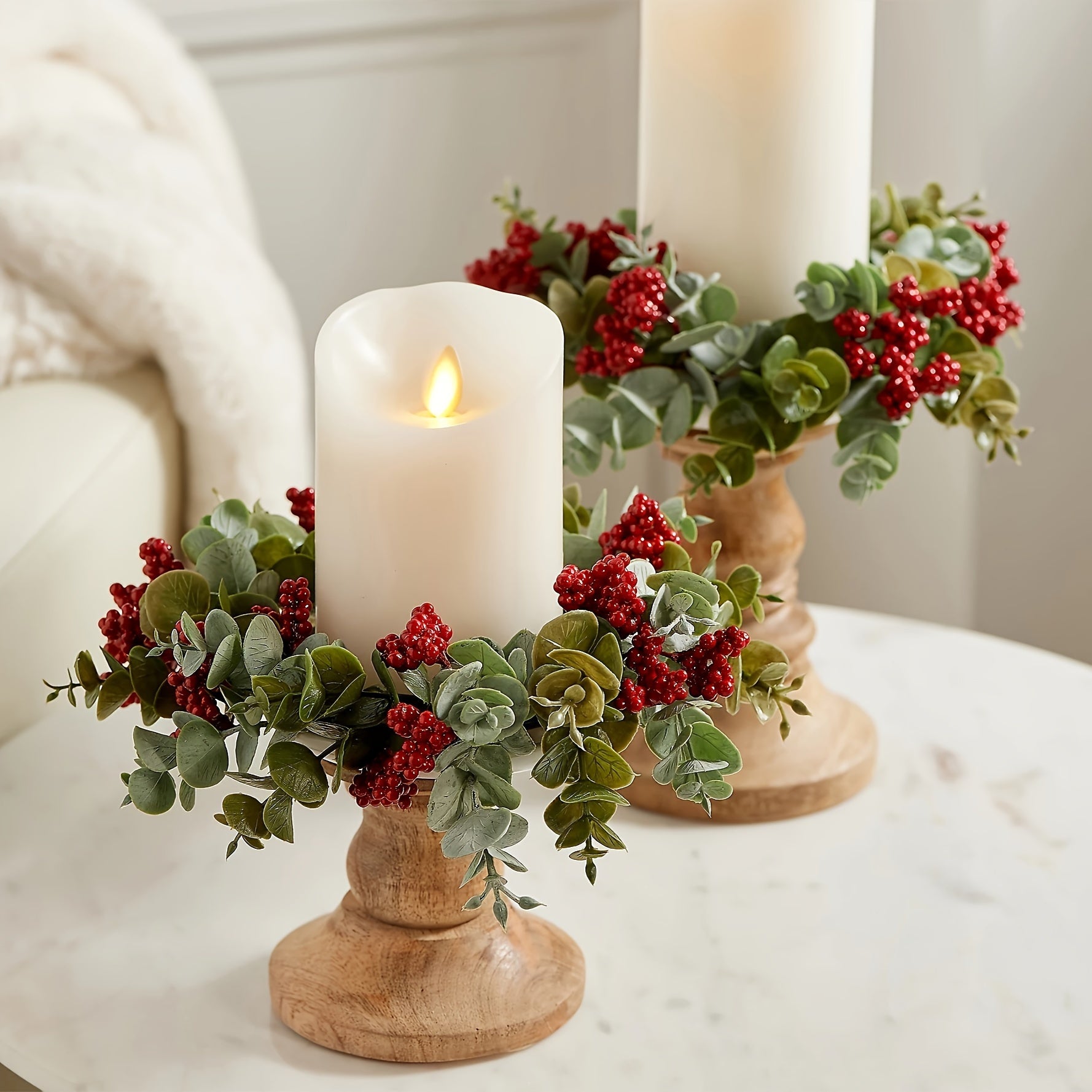 TEMU 2pcs Set Elegant Berry & Eucalyptus Wreath - Non-electric Plastic Candle Rings With Red Berries, Green Foliage & Pine Cones, Durable Tabletop