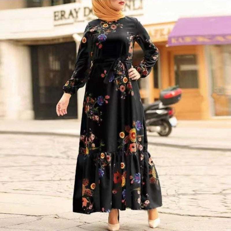 (421) New Medium-length Retro Printed Robe Belt Large Size Dress
