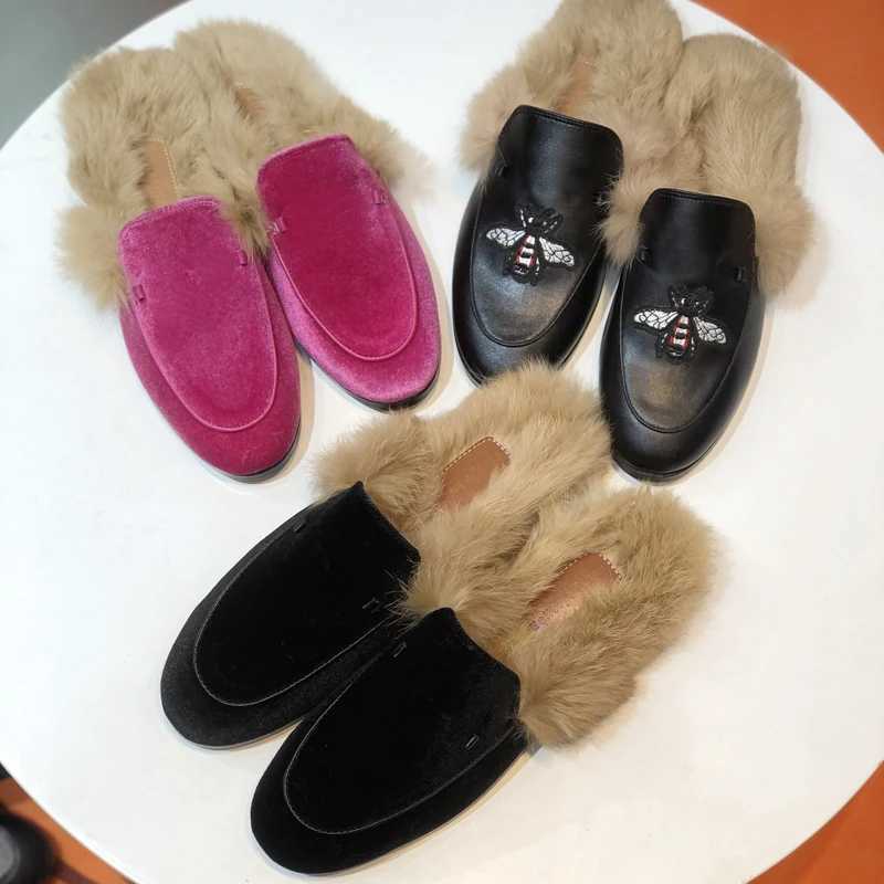 Slippers Covered Toe Casual Real Fur Mullers Sandals New Slippers Women leather Flat Shoes Backless Slip on Loafers Ladies Outdoor shoes J240920