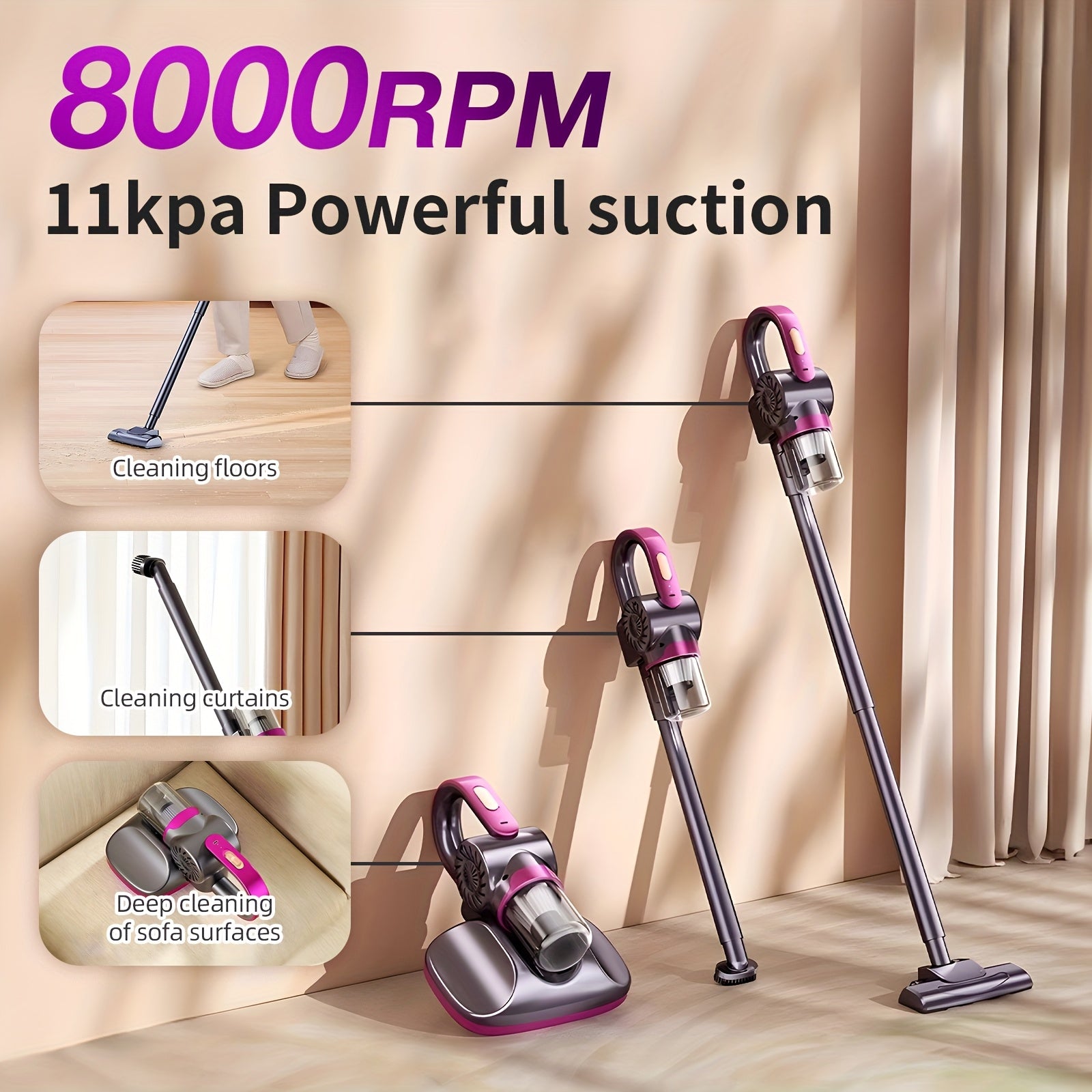 TEMU Mattress Vacuum Cleaner, Cordless With 11kpa Strong Suction, 8000 Rpm Tapping, 2 Extension Rods, Ideal For Deep Cleaning Dust And Pet Hair, Dust