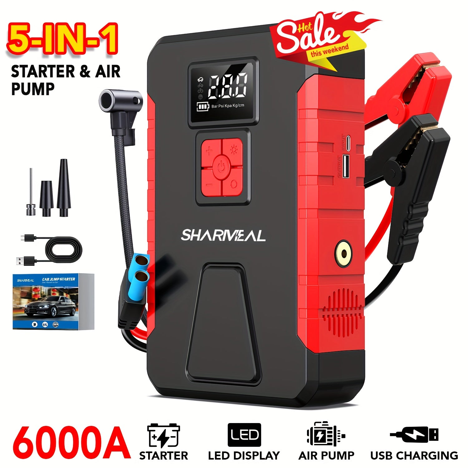 TEMU Portable Car Jump Starter With Air Compressor 6000a Battery Booster, 150psi Tire Inflator, Emergency Power Pack For Gas & Engines (up To