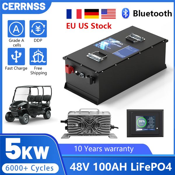 48V 100Ah LiFePO4 Golf Cart Battery Built-in Smart 200A BMS 6000+ Cycles Rechargeable Battery with Touch Monitor for Golf Carts