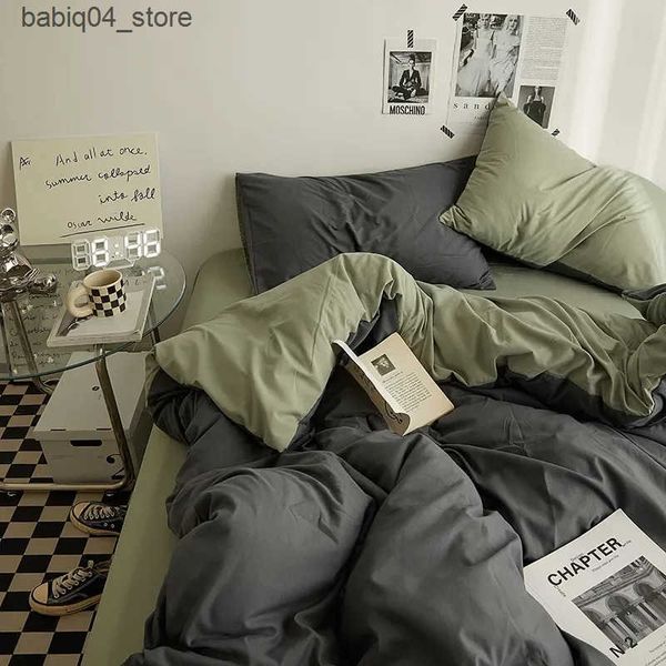 Bedding sets Solid Grey Matcha Color Bedding Set Adults Kids Twin Full Queen Size Bed Flat Sheet Duvet Cover Set cases Simple Bed Linen L240