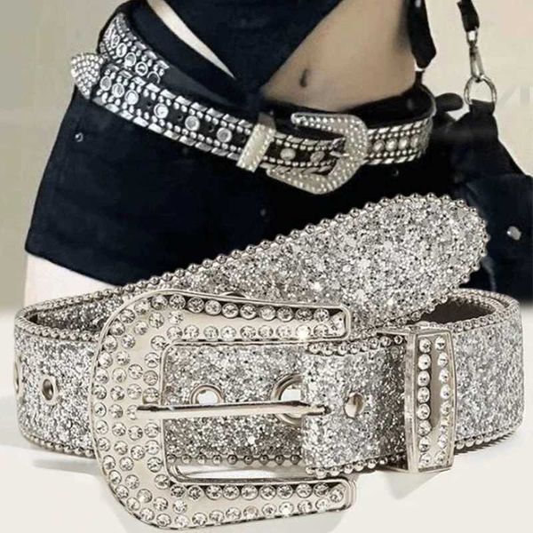 Belts Y2K Womens Fashion Solid Printed Stud Full Water Diamond Belt with PU Leather Sparkling Crystal Adjustable Sparkling Belt Suitable for