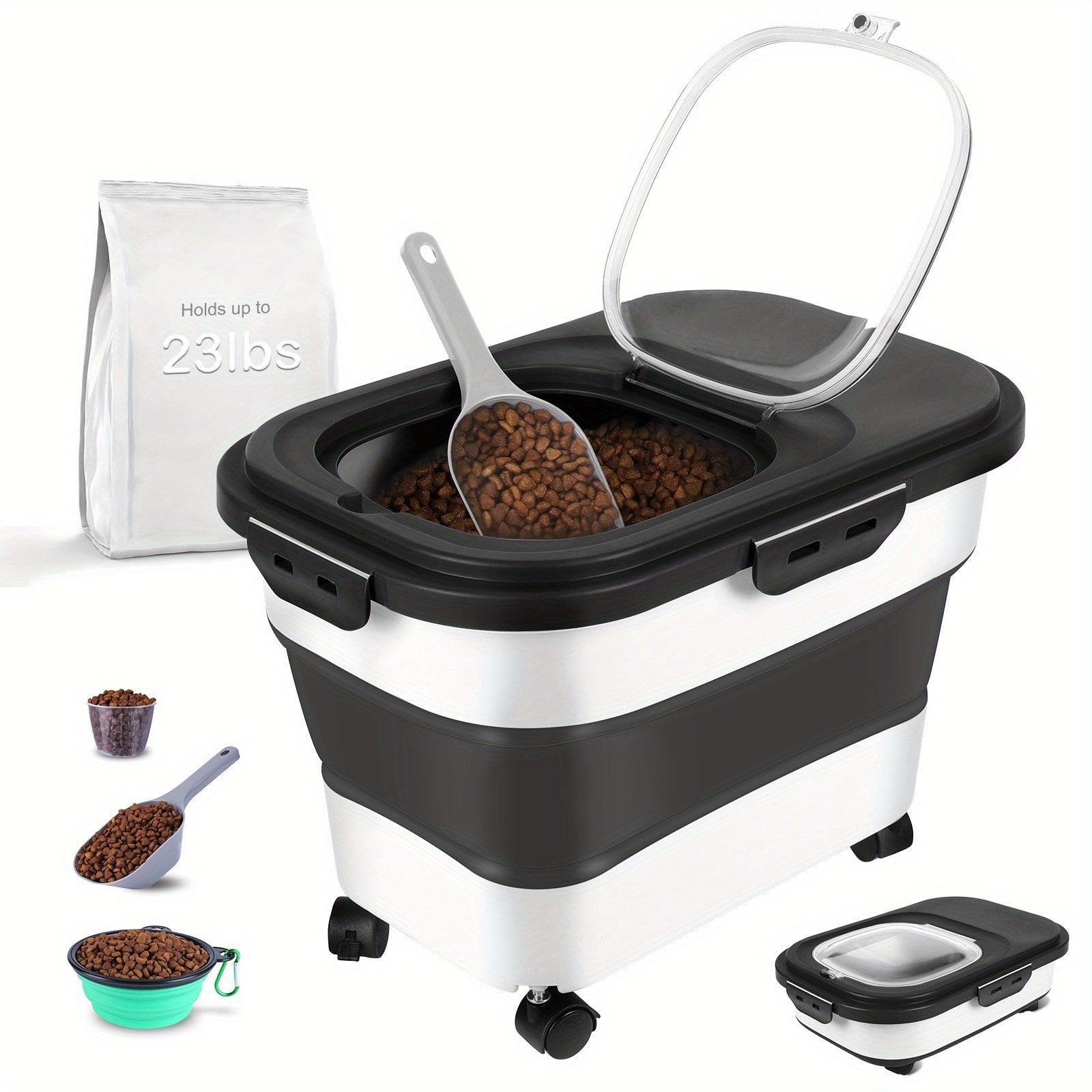 TEMU Dog Food Storage Container Set, 33 Lbs Collapsible Dog Food Container With Airtight Lid, Measuring Cup, Wheels, Handle, Large Cat Food Storage