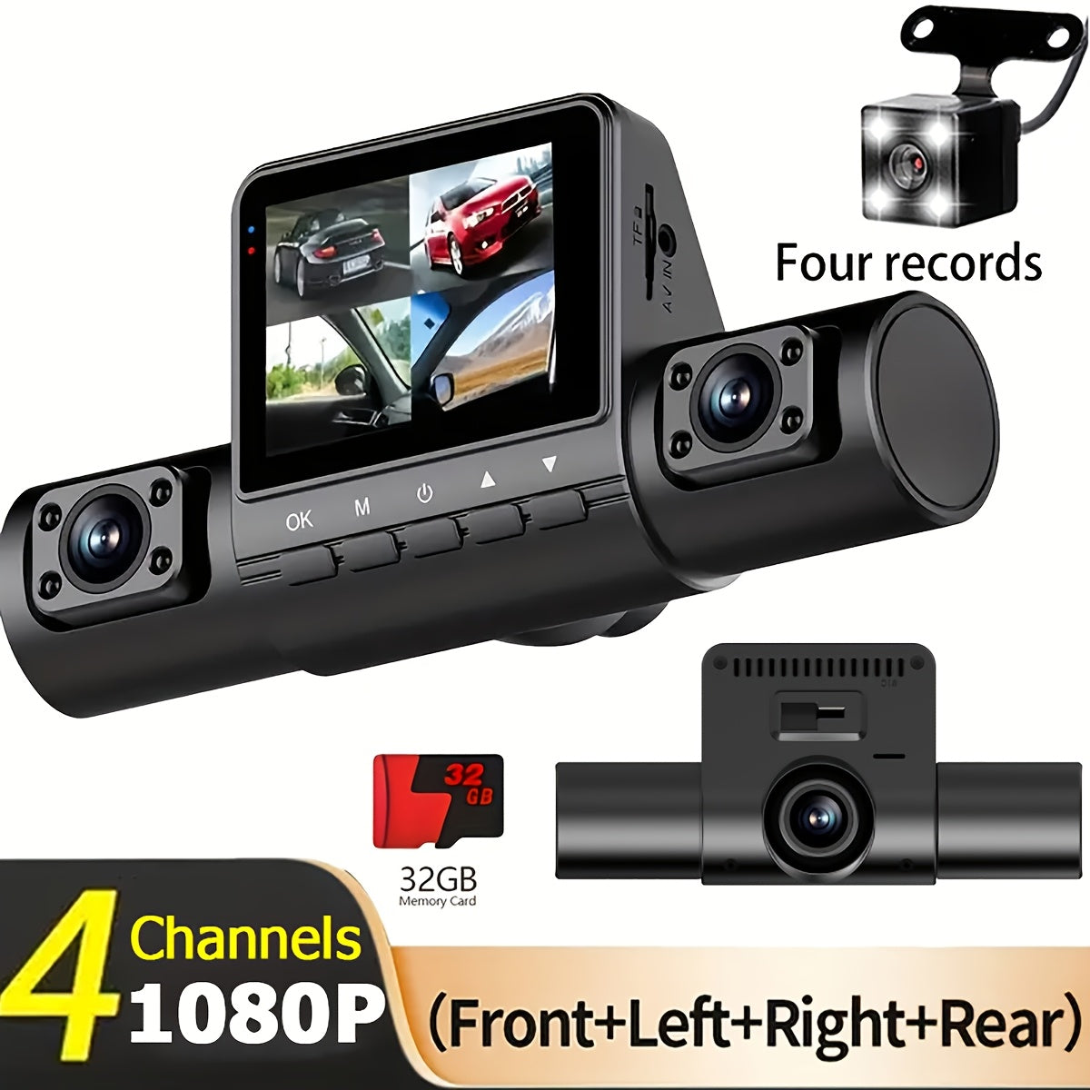 TEMU 4 Channel Fhd 1080p Car Dash Cam - Black Box Driving Camera With 720p Rear Night Vision, 24h Parking Monitor And Loop Recording Car