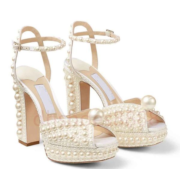 designer women shoes Summer Sacaria Dress Wedding Shoes Pearl-Embellished Satin Platform Sandals Elegant Women White Bride Pearl Designer hi