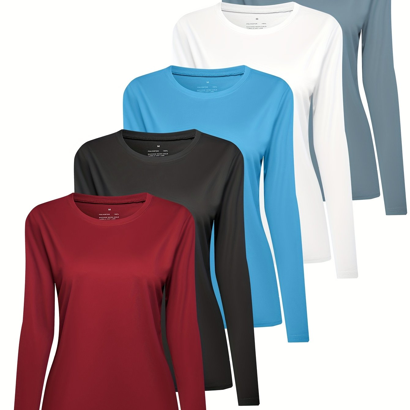 TEMU Telaleo 5pcs Women's Long Sleeve Crew Neck T-shirts, Casual Solid Colour Tops, Fine Beaded Ground Fabric, Suitable For Running And Outdoor